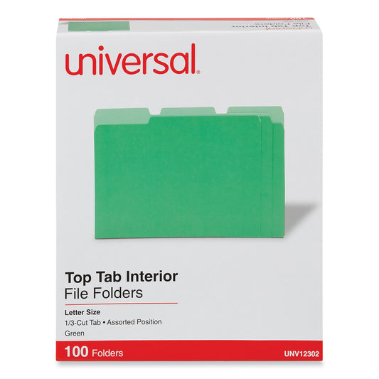 Universal Interior File Folders, 1/3-Cut Tabs: Assorted, Letter Size, 11-pt Stock, Green, 100/Box (12302)