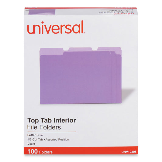 Universal Interior File Folders, 1/3-Cut Tabs: Assorted, Letter Size, 11-pt Stock, Violet, 100/Box (12305)