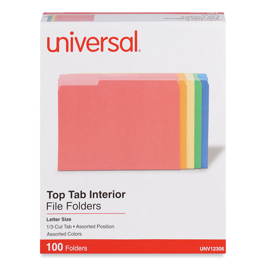 Universal Interior File Folders, 1/3-Cut Tabs: Assorted, Letter Size, 11-pt Stock, Assorted Colors, 100/Box (12306)