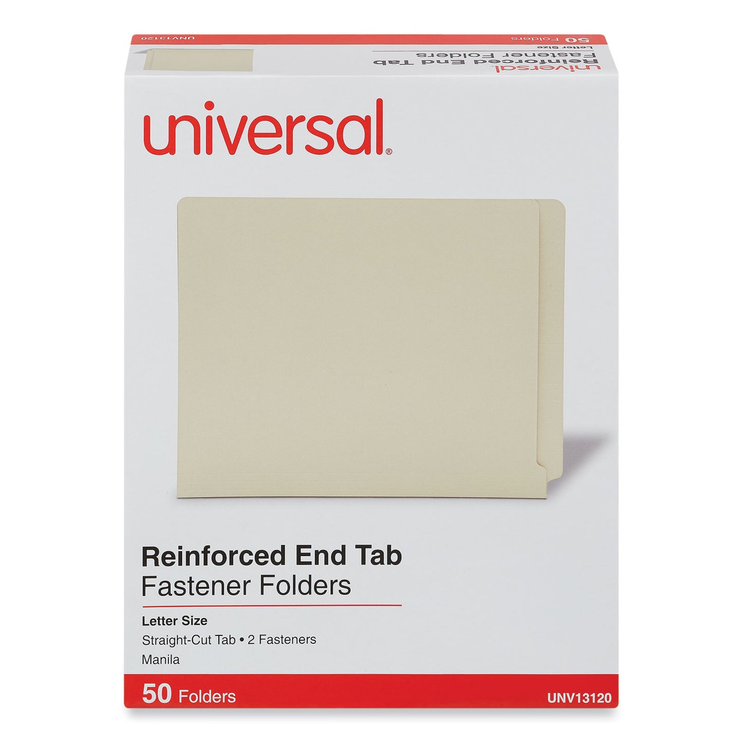 Universal Reinforced End Tab Fastener Folders, 0.75" Expansion, 2 Fasteners, Letter Size, Manila Exterior, 50/Box (13120)