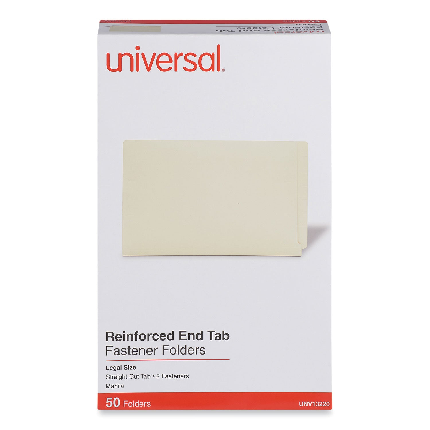 Universal Reinforced End Tab Fastener Folders, 0.75" Expansion, 2 Fasteners, Legal Size, Manila Exterior, 50/Box (13220)