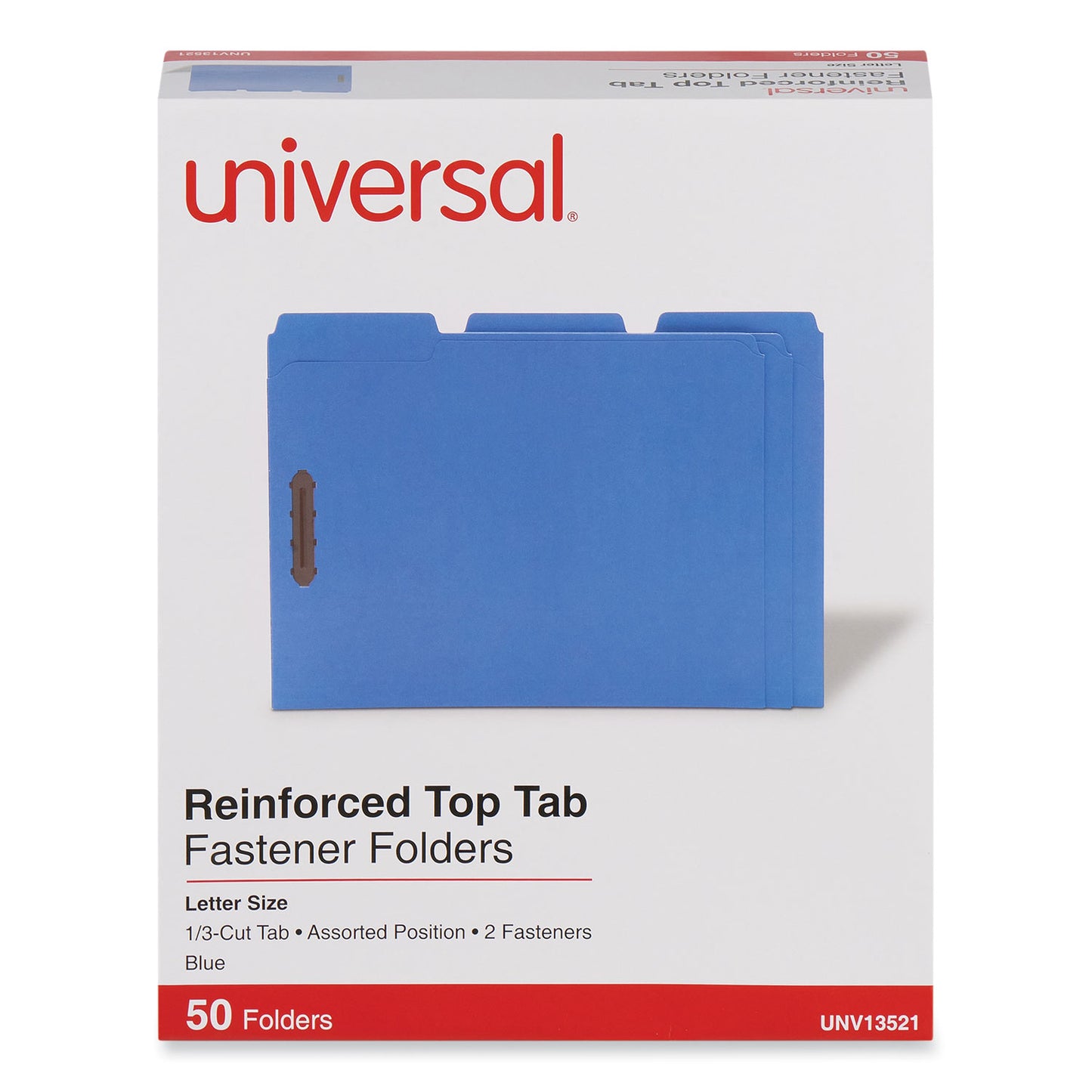 Universal Deluxe Reinforced Top Tab Fastener Folders, 0.75" Expansion, 2 Fasteners, Letter Size, Blue Exterior, 50/Box (13521)