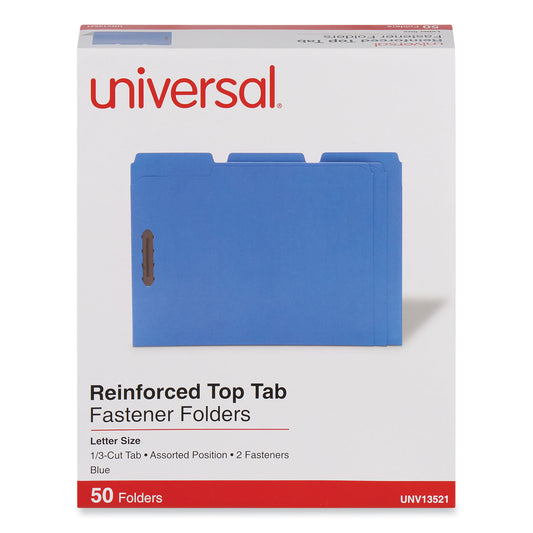 Universal Deluxe Reinforced Top Tab Fastener Folders, 0.75" Expansion, 2 Fasteners, Letter Size, Blue Exterior, 50/Box (13521)