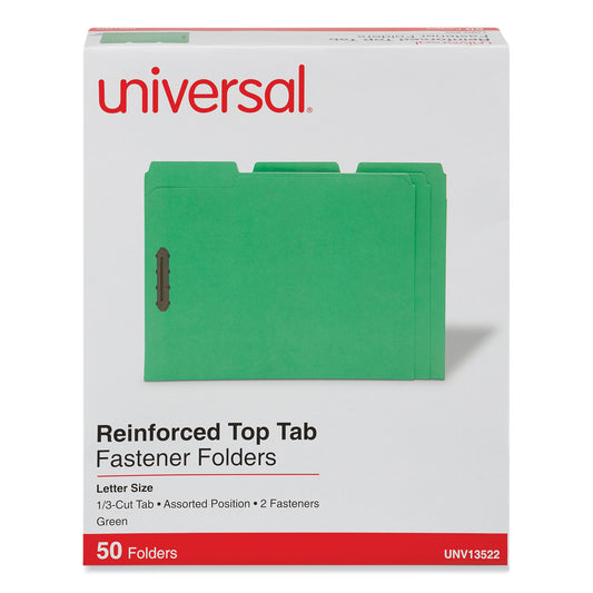 Universal Deluxe Reinforced Top Tab Fastener Folders, 0.75" Expansion, 2 Fasteners, Letter Size, Green Exterior, 50/Box (13522)