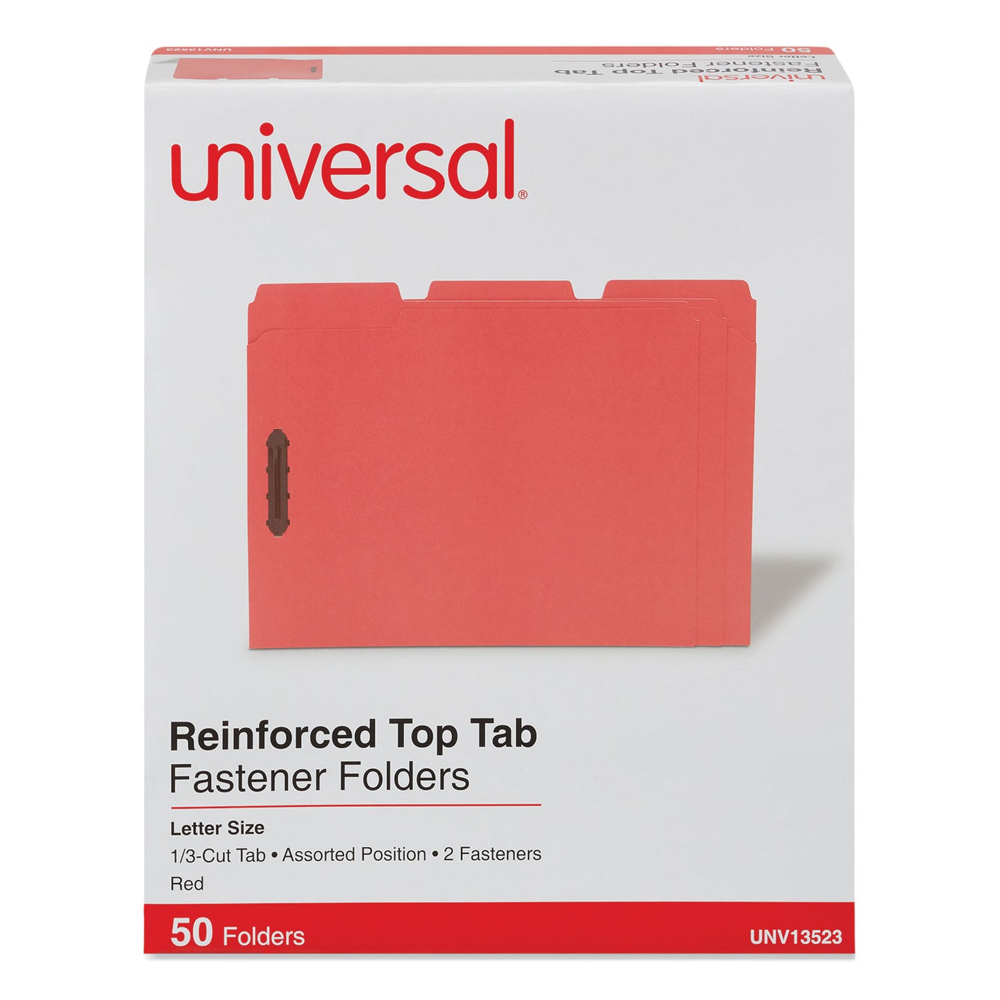 Universal Deluxe Reinforced Top Tab Fastener Folders, 0.75" Expansion, 2 Fasteners, Letter Size, Red Exterior, 50/Box (13523)