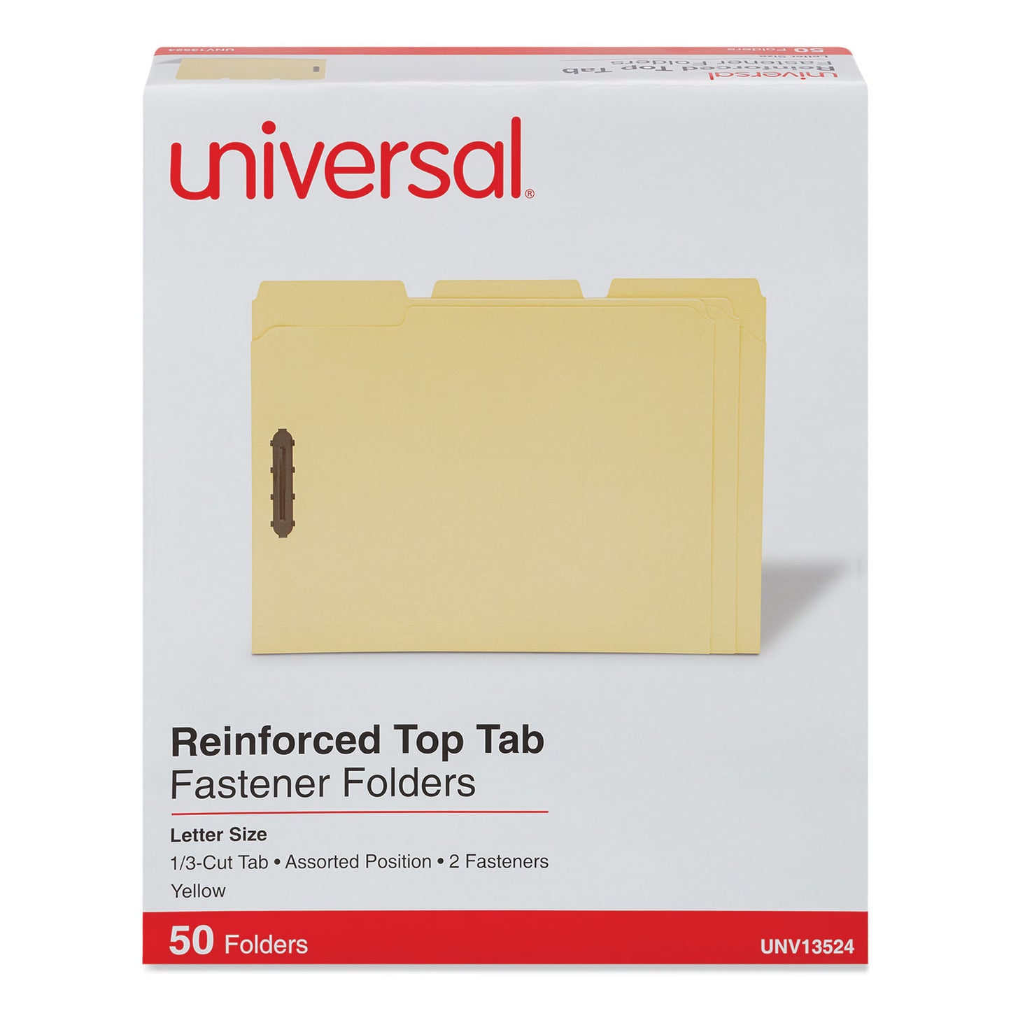 Universal Deluxe Reinforced Top Tab Fastener Folders, 0.75" Expansion, 2 Fasteners, Letter Size, Yellow Exterior, 50/Box (13524)