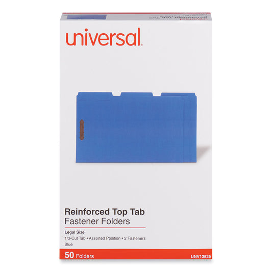Universal Deluxe Reinforced Top Tab Fastener Folders, 0.75" Expansion, 2 Fasteners, Legal Size, Blue Exterior, 50/Box (13525)