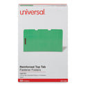 Universal Deluxe Reinforced Top Tab Fastener Folders, 0.75" Expansion, 2 Fasteners, Legal Size, Green Exterior, 50/Box (13526)