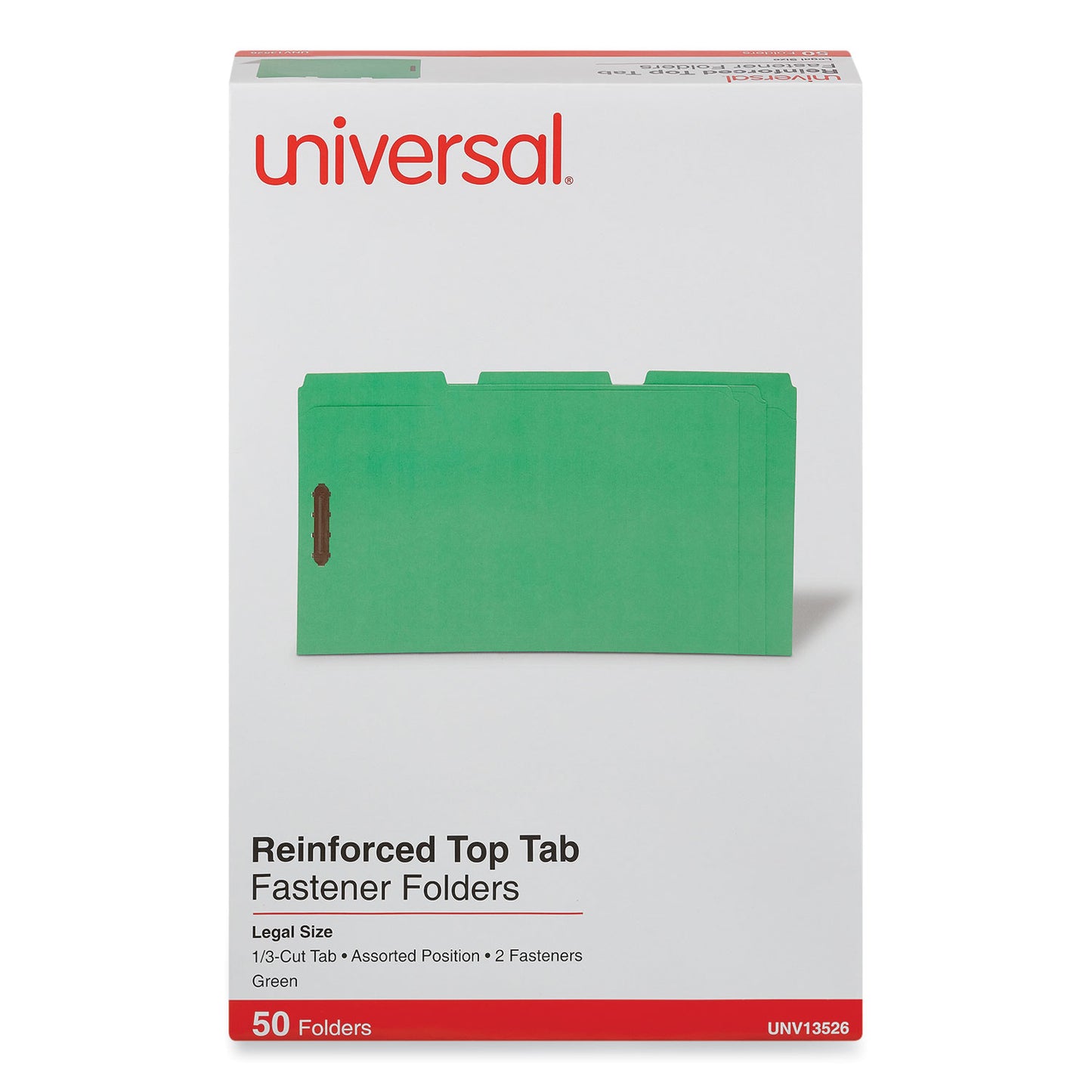 Universal Deluxe Reinforced Top Tab Fastener Folders, 0.75" Expansion, 2 Fasteners, Legal Size, Green Exterior, 50/Box (13526)