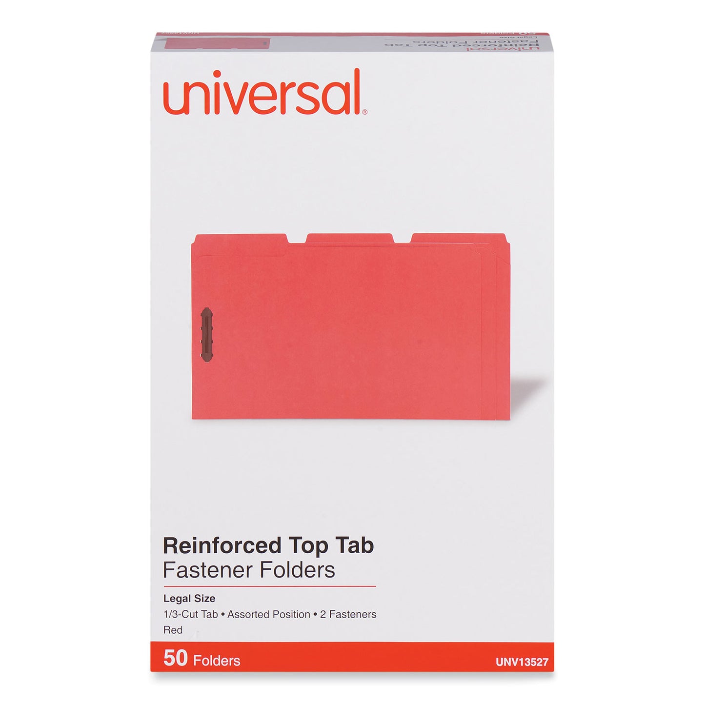 Universal Deluxe Reinforced Top Tab Fastener Folders, 0.75" Expansion, 2 Fasteners, Legal Size, Red Exterior, 50/Box (13527)