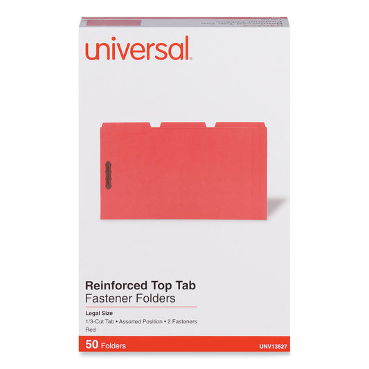 Universal Deluxe Reinforced Top Tab Fastener Folders, 0.75" Expansion, 2 Fasteners, Legal Size, Red Exterior, 50/Box (13527)