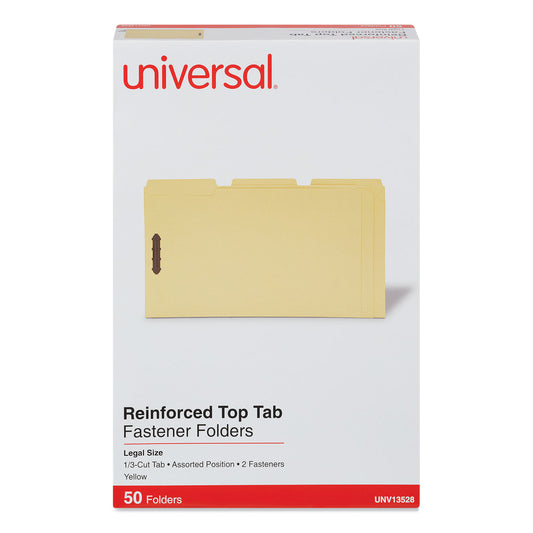 Universal Deluxe Reinforced Top Tab Fastener Folders, 0.75" Expansion, 2 Fasteners, Legal Size, Yellow Exterior, 50/Box (13528)