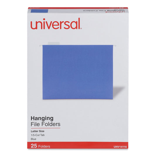 Universal Deluxe Bright Color Hanging File Folders, Letter Size, 1/5-Cut Tabs, Blue, 25/Box (14116)