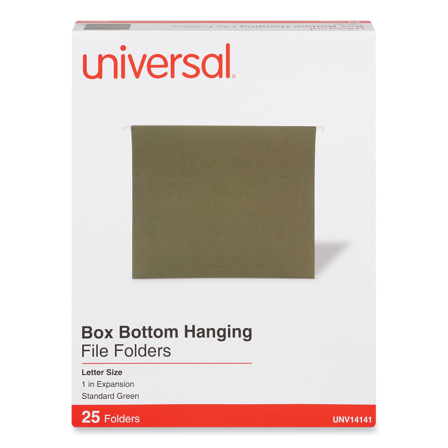 Universal Box Bottom Hanging File Folders, 1" Capacity, Letter Size, 1/5-Cut Tabs, Standard Green, 25/Box (14141)