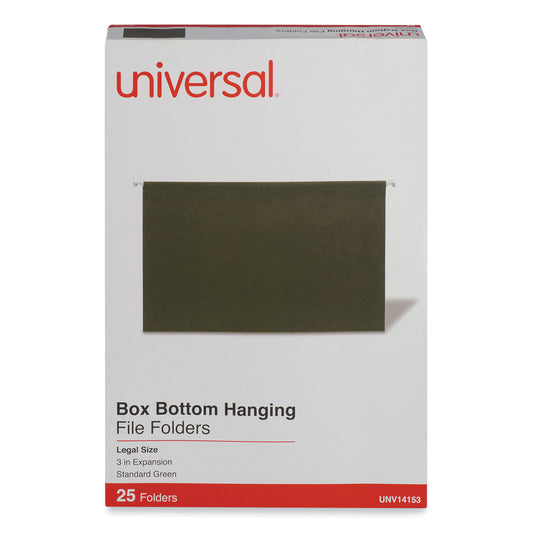 Universal Box Bottom Hanging File Folders, 3" Capacity, Legal Size, 1/5-Cut Tabs, Standard Green, 25/Box (14153)