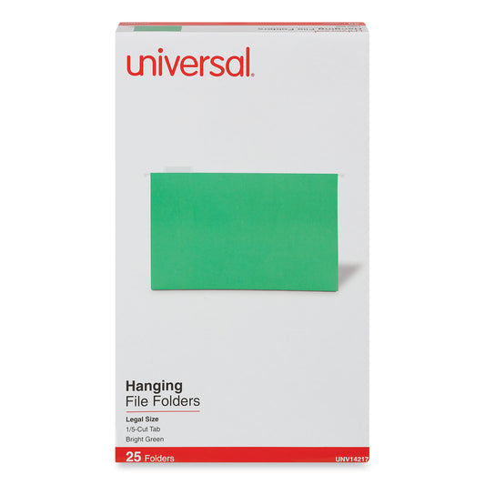 Universal Deluxe Bright Color Hanging File Folders, Legal Size, 1/5-Cut Tabs, Bright Green, 25/Box (14217)