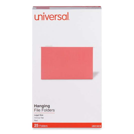 Universal Deluxe Bright Color Hanging File Folders, Legal Size, 1/5-Cut Tabs, Red, 25/Box (14218)