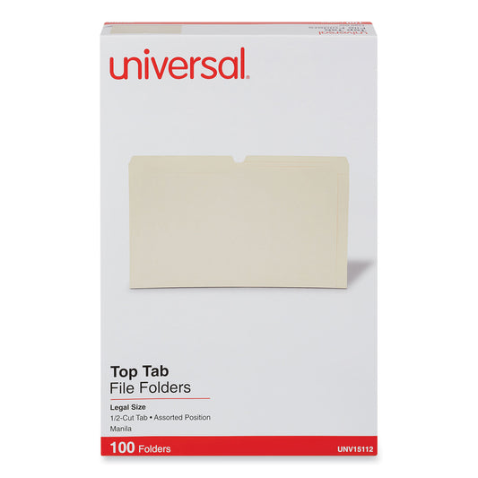 Universal Top Tab File Folders, 1/2-Cut Tabs: Assorted, Legal Size, 0.75" Expansion, Manila, 100/Box (15112)