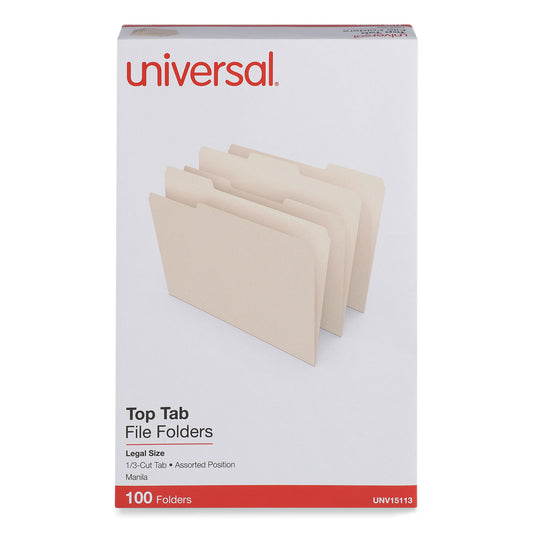 Universal Top Tab File Folders, 1/3-Cut Tabs: Assorted, Legal Size, 0.75" Expansion, Manila, 100/Box (15113)