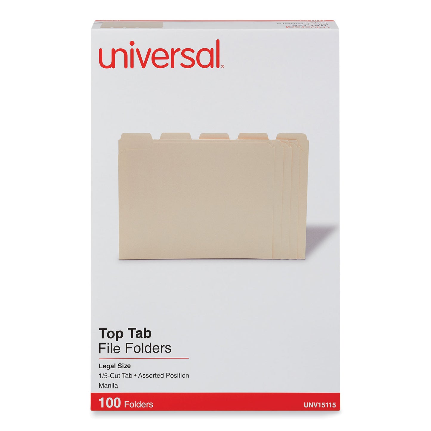 Universal Top Tab File Folders, 1/5-Cut Tabs: Assorted, Legal Size, 0.75" Expansion, Manila, 100/Box (15115)