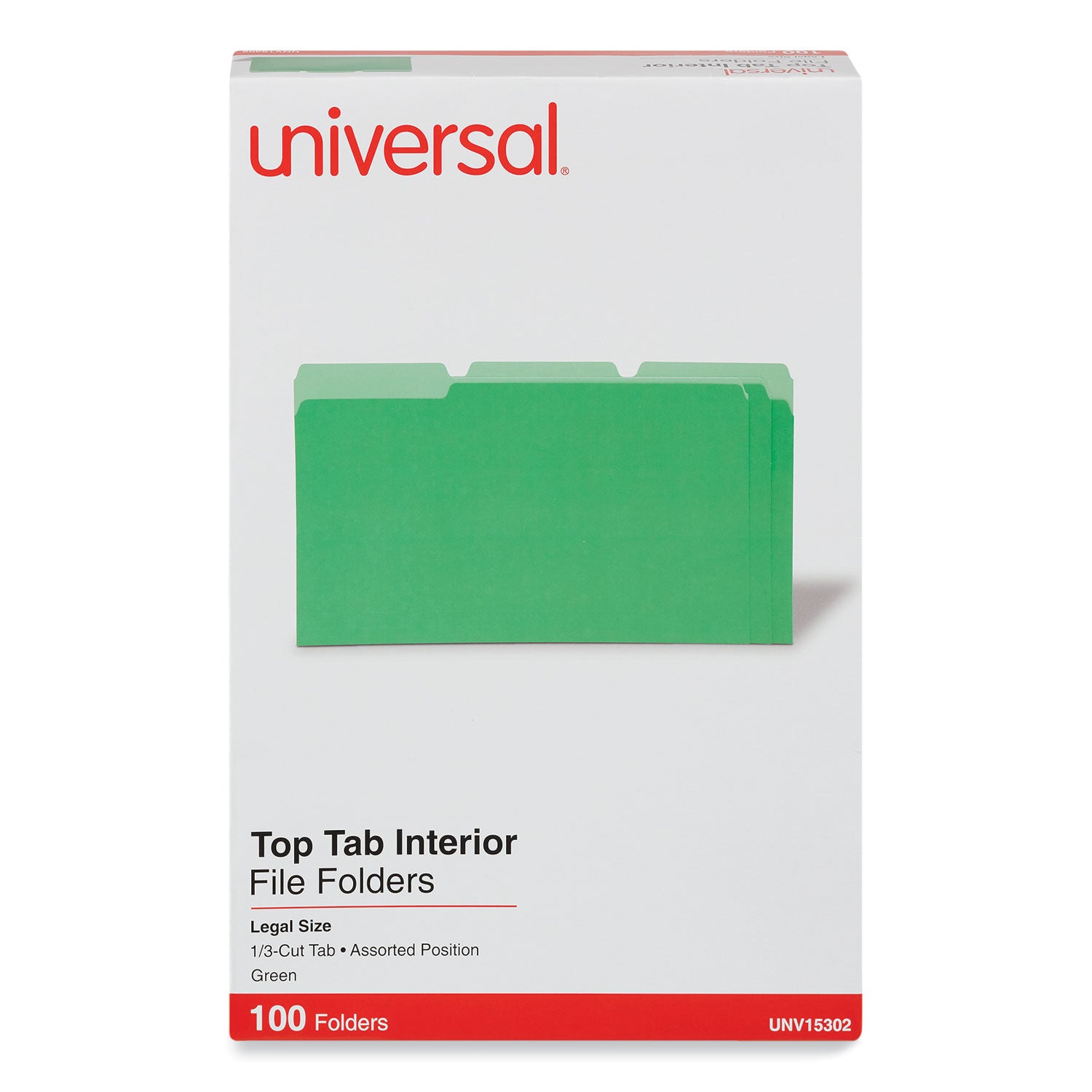 Universal Interior File Folders, 1/3-Cut Tabs: Assorted, Legal Size, 11-pt Stock, Green, 100/Box (15302)