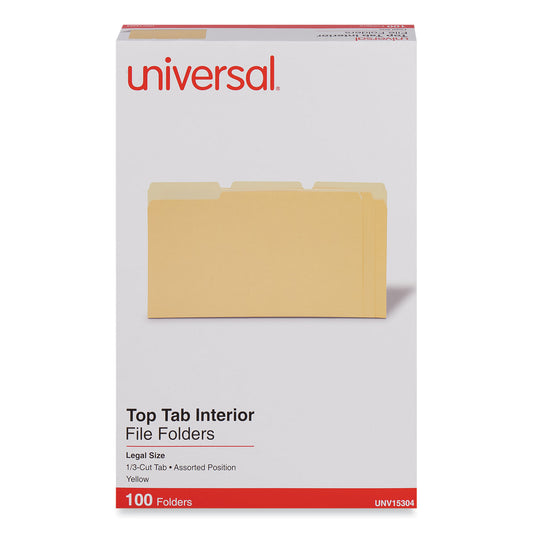 Universal Interior File Folders, 1/3-Cut Tabs: Assorted, Legal Size, 11-pt Stock, Yellow, 100/Box (15304)