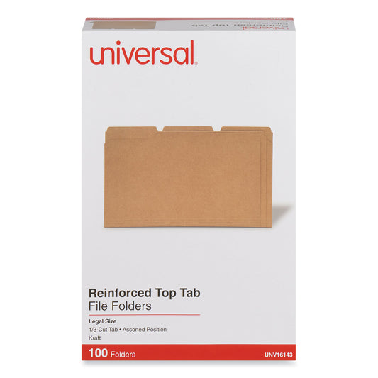 Universal Reinforced Kraft Top Tab File Folders, 1/3-Cut Tabs: Assorted, Legal Size, 0.75" Expansion, Brown, 100/Box (16143)