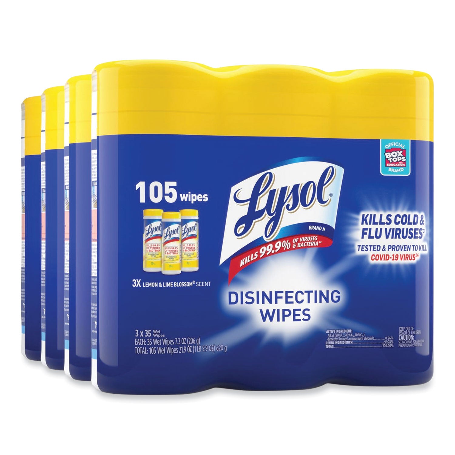 LYSOL Brand Disinfecting Wipes, 1-Ply, 7 x 7.25, Lemon and Lime Blossom, White, 35 Wipes/Canister, 3 Canisters/Pack (82159PK)