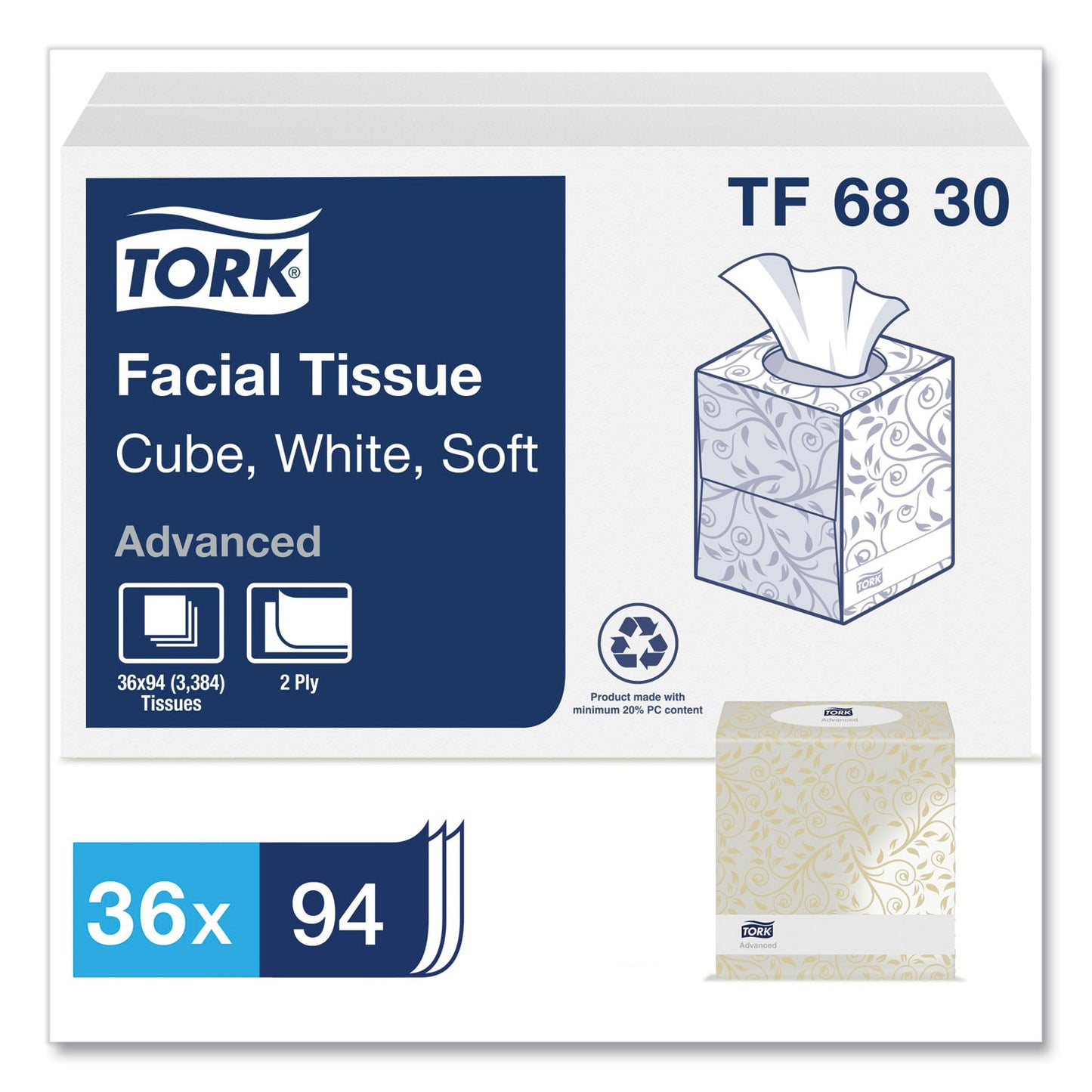 Tork Advanced Facial Tissue, 2-Ply, White, Cube Box, 94 Sheets/Box, 36 Boxes/Carton (TF6830)