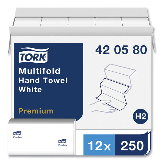 Tork Premium Multifold Towel, 1-Ply, 9 x 9.5, White, 250/Pack, 12 Packs/Carton (420580)