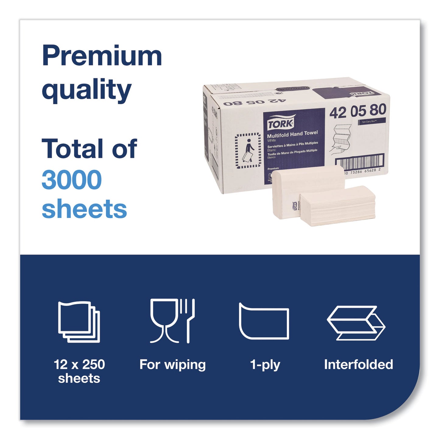 Tork Premium Multifold Towel, 1-Ply, 9 x 9.5, White, 250/Pack, 12 Packs/Carton (420580)