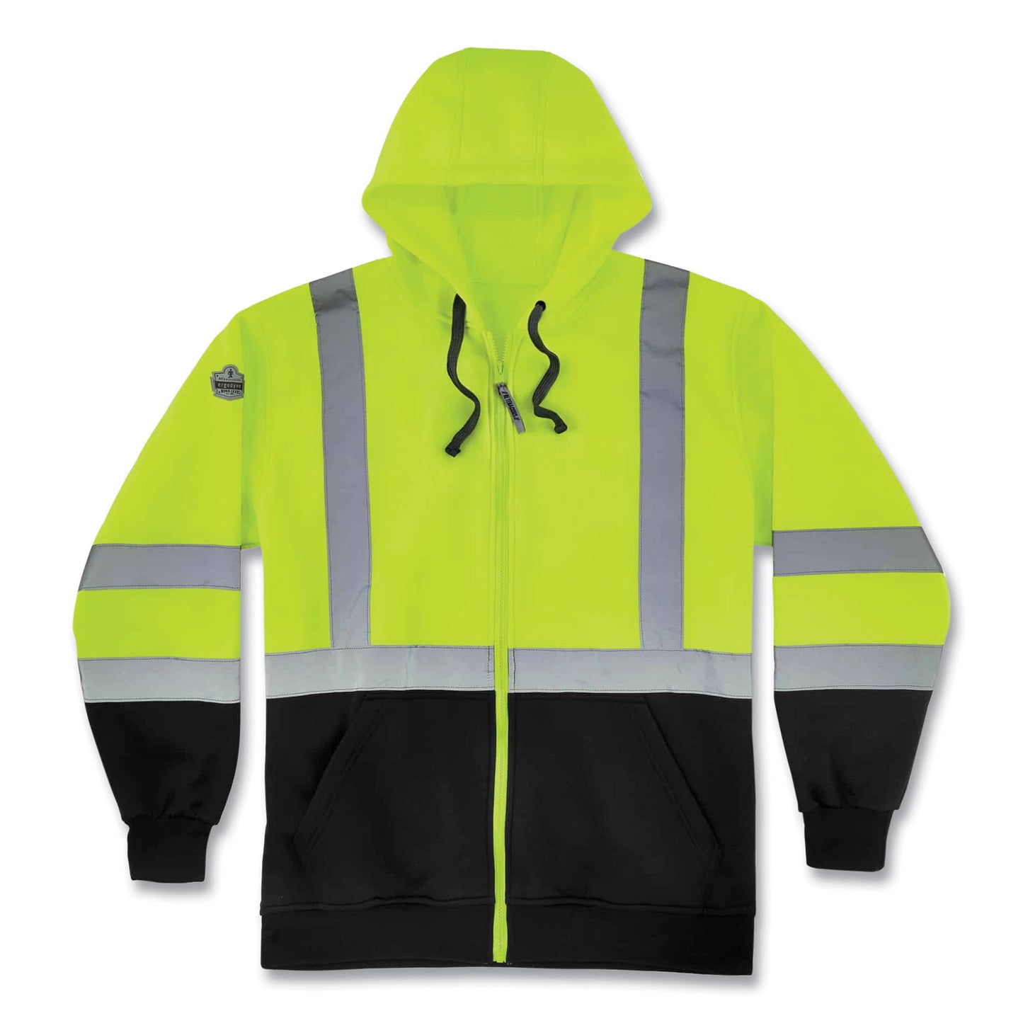 ergodyne GloWear 8372 ZipUp HiVis Class 3 Zip Hooded Sweatshirt with Black Bottom, Polar Fleece, Lime, Medium (21843)