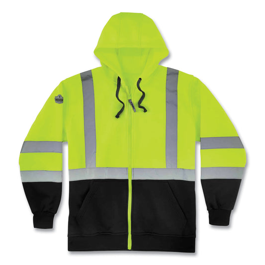 ergodyne GloWear 8372 ZipUp HiVis Class 3 Zip Hooded Sweatshirt with Black Bottom, Polar Fleece, Lime, X-Large (21845)