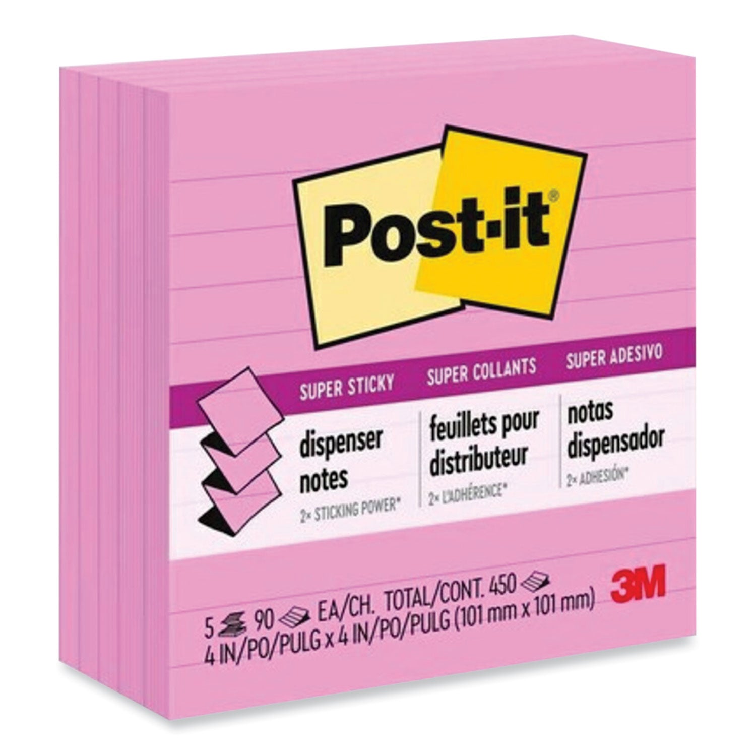 Post-it Pop-up Notes Refill, Note Ruled, 4" x 4", Neon Pink, 90 Sheets/Pad, 5 Pads/Pack (R440NPSS)