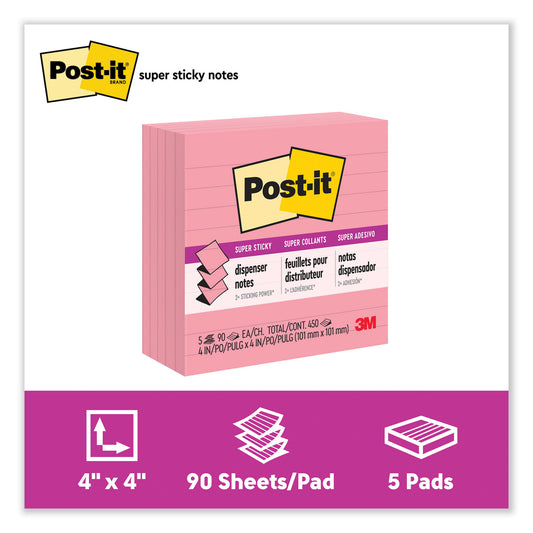 Post-it Pop-up Notes Refill, Note Ruled, 4" x 4", Neon Pink, 90 Sheets/Pad, 5 Pads/Pack (R440NPSS)