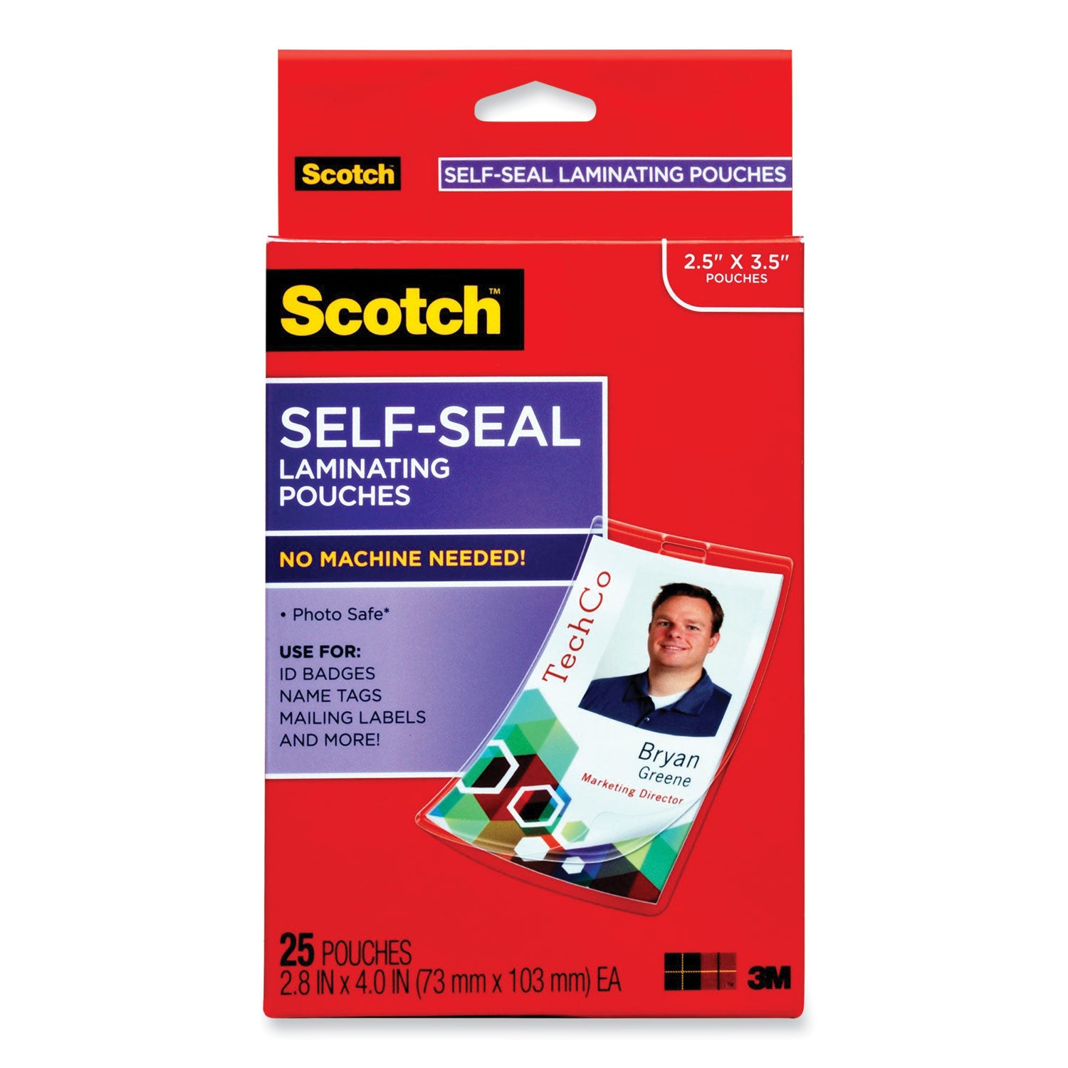 Scotch Self-Sealing Laminating Pouches, 12.5 mil, 2.31" x 4.06", Gloss Clear, 25/Pack (LS852G)