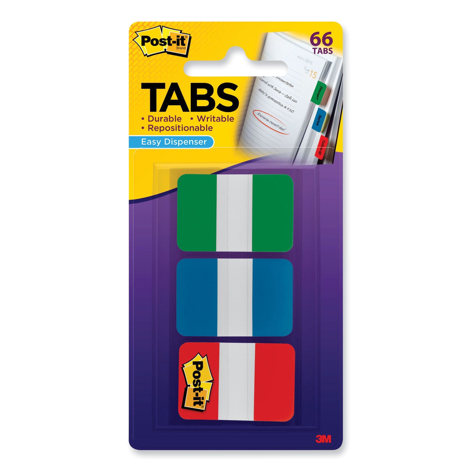 Post-it 1" Plain Solid Color Tabs, 1/5-Cut, Assorted Colors, 1" Wide, 66/Pack (686GBR)