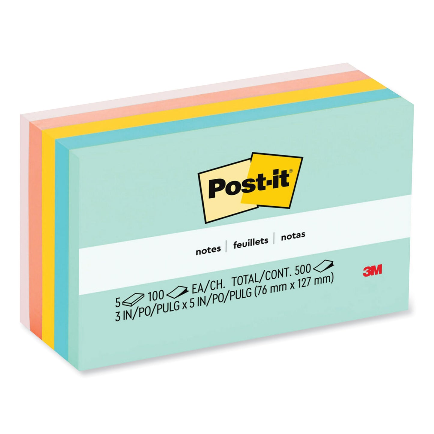 Post-it Original Pads in Beachside Cafe Collection Colors, 3" x 5", 100 Sheets/Pad, 5 Pads/Pack (655AST)