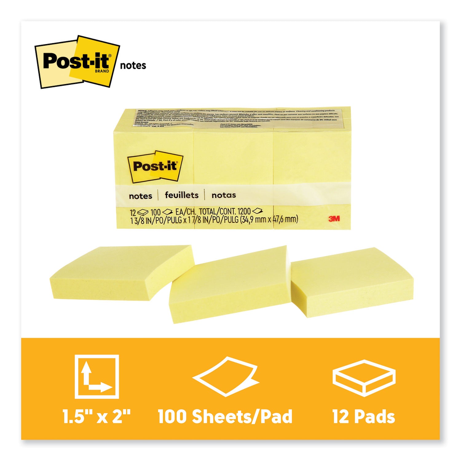 Post-it Original Pads in Canary Yellow, 1.38" x 1.88", 100 Sheets/Pad, 12 Pads/Pack (653YW)