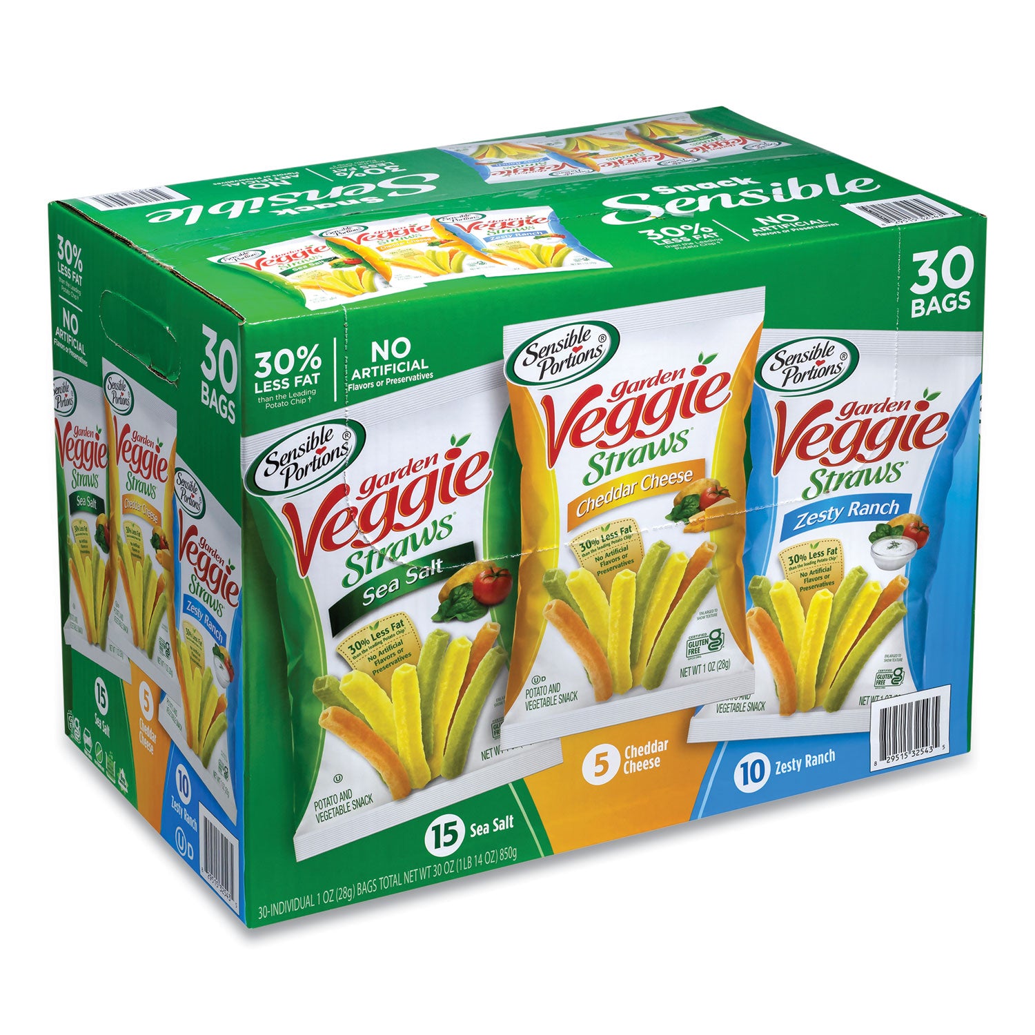 Sensible Portions Veggie Straws, Cheddar Cheese/Sea Salt/Zesty Ranch, 1 oz Bag, 30 Bags/Carton (22000413)