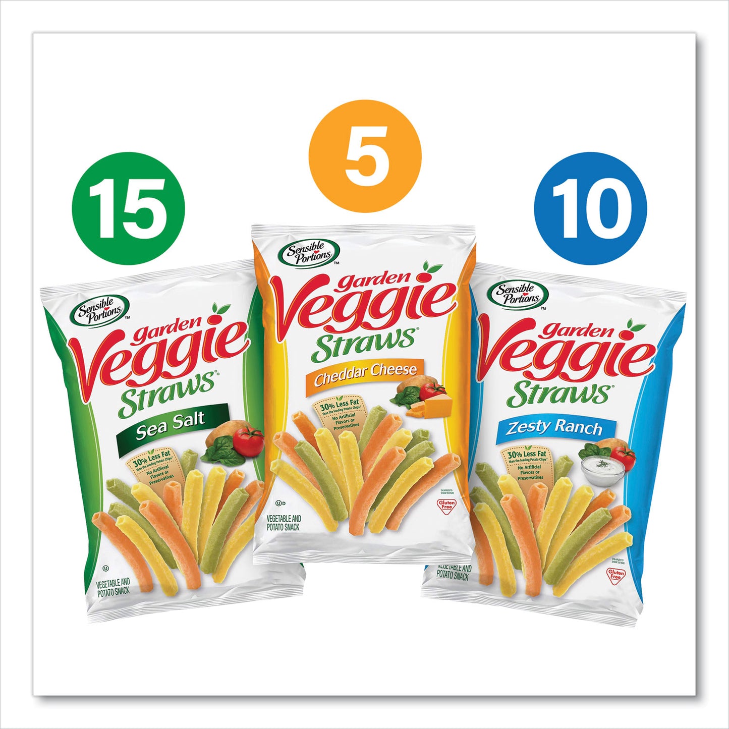 Sensible Portions Veggie Straws, Cheddar Cheese/Sea Salt/Zesty Ranch, 1 oz Bag, 30 Bags/Carton (22000413)