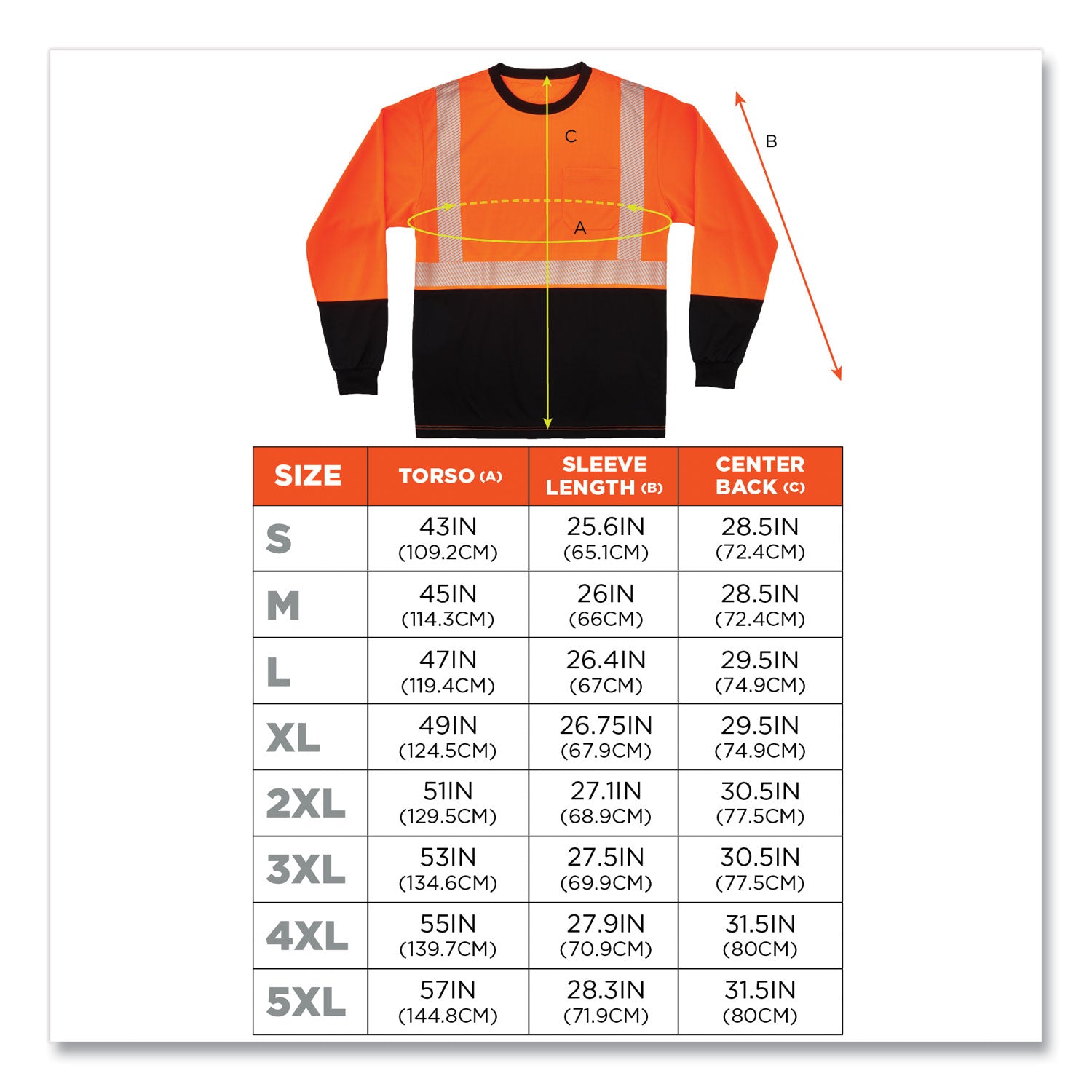 ergodyne GloWear 8281BK Class 2 Long Sleeve Shirt with Black Bottom, Polyester, 5X-Large, Orange (22689)