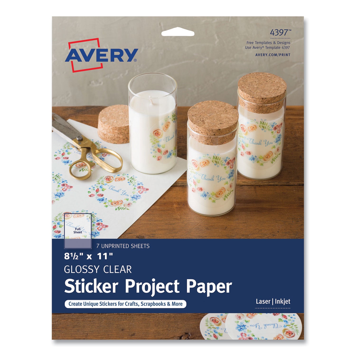 Avery Sticker Project Paper Laser/Inkjet Multipurpose Labels, 11 x 8.5, Glossy Clear, 1 Label/Sheet, 7 Sheets/Pack (4397KBF)