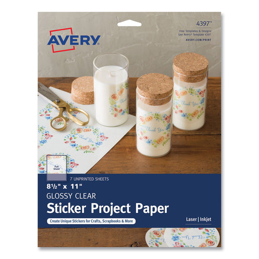 Avery Sticker Project Paper Laser/Inkjet Multipurpose Labels, 11 x 8.5, Glossy Clear, 1 Label/Sheet, 7 Sheets/Pack (4397KBF)