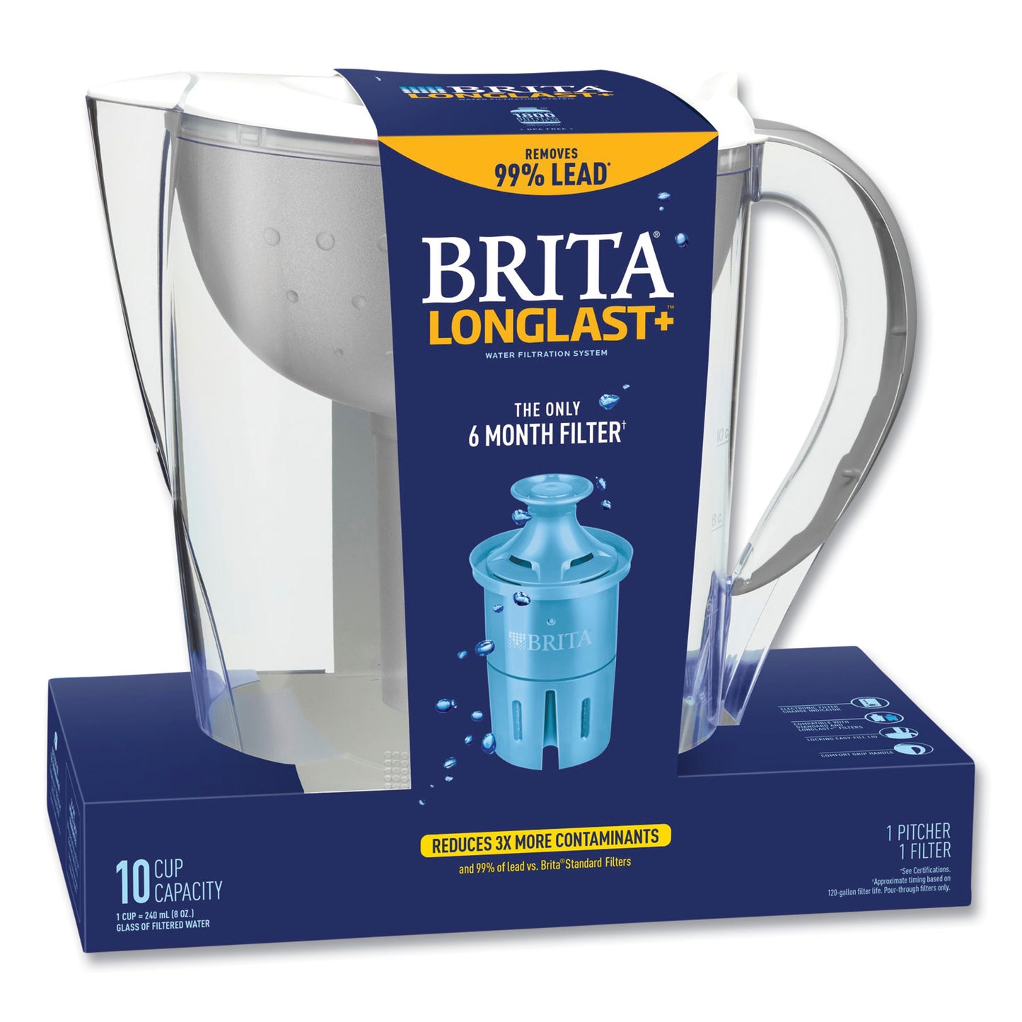 Brita Pacifica Pitcher with Longlast+ Filter, 0.63 gal, White/Clear (36515)