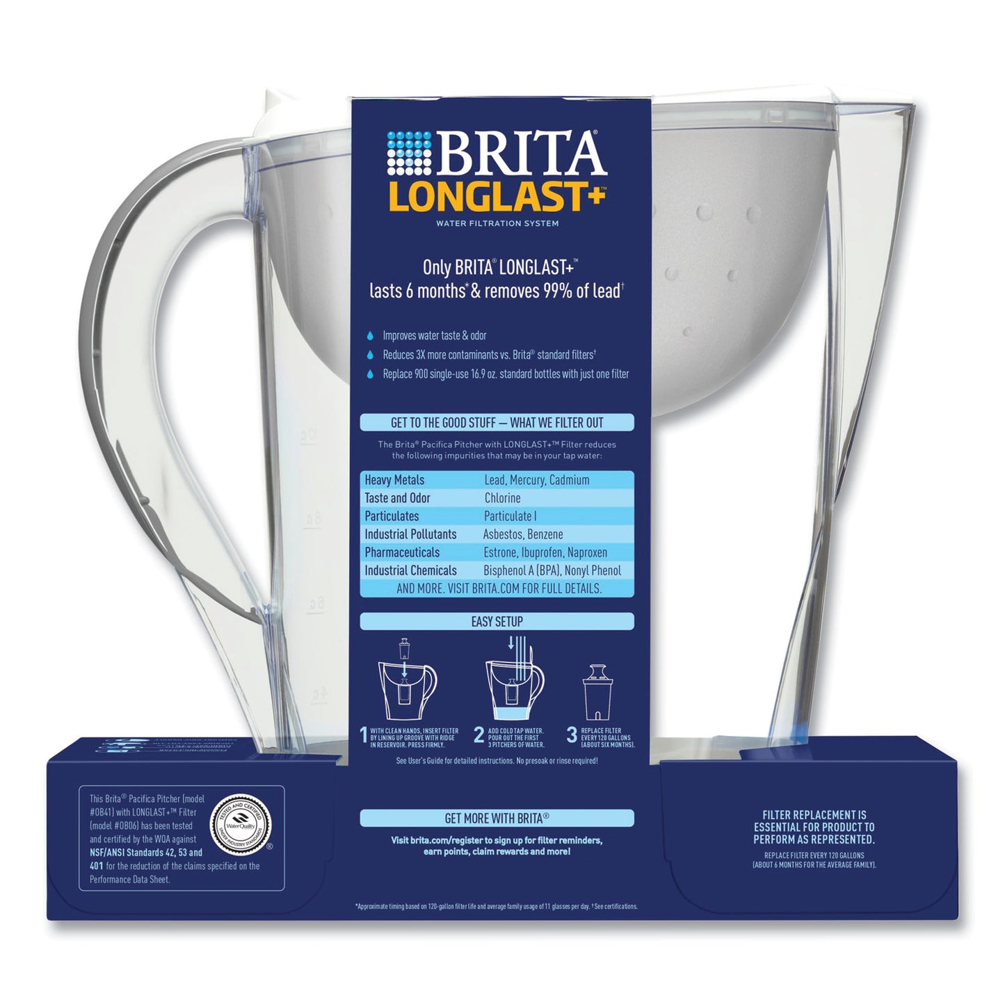 Brita Pacifica Pitcher with Longlast+ Filter, 0.63 gal, White/Clear (36515)