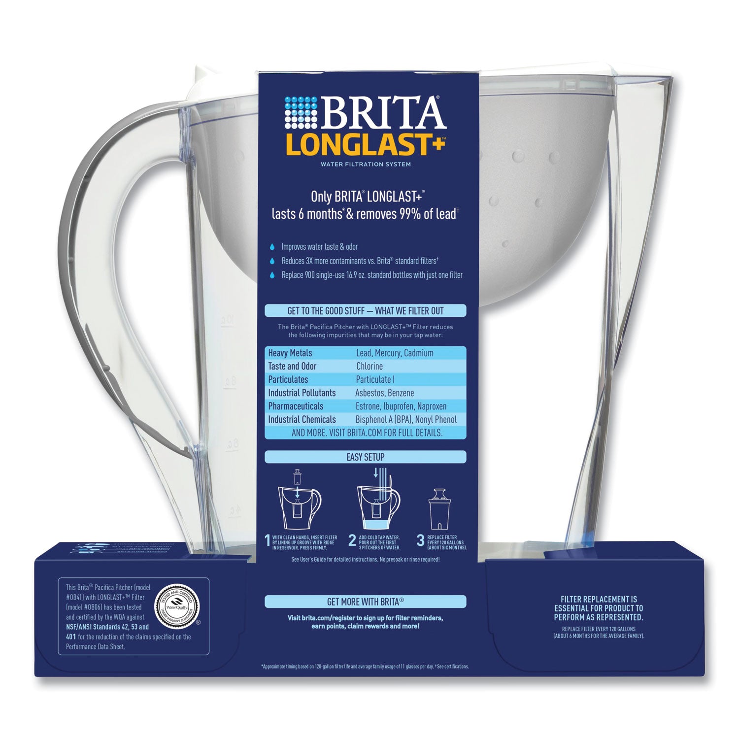 Brita Pacifica Pitcher with Longlast+ Filter, 0.63 gal, White/Clear (36515)