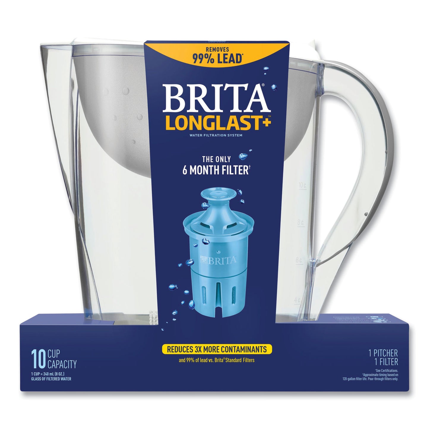 Brita Pacifica Pitcher with Longlast+ Filter, 0.63 gal, White/Clear (36515)