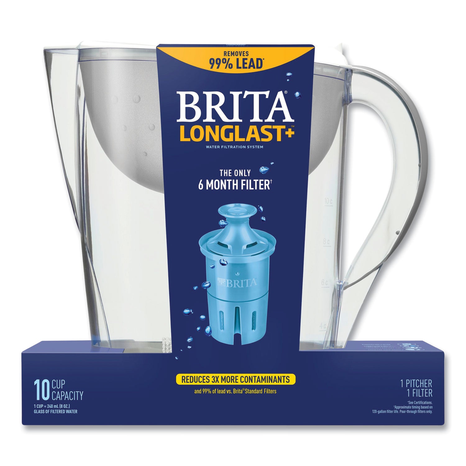 Brita Pacifica Pitcher with Longlast+ Filter, 0.63 gal, White/Clear (36515)