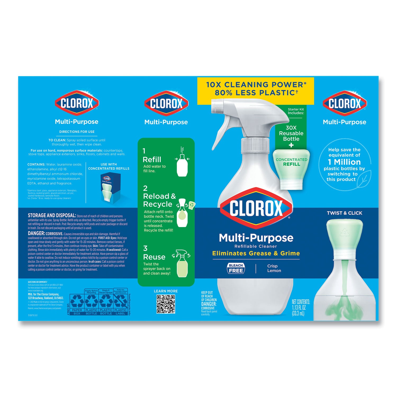 Clorox Multipurpose Degreaser Cleaner Refillable Starter Kit, Crisp Lemon Scent (60160)